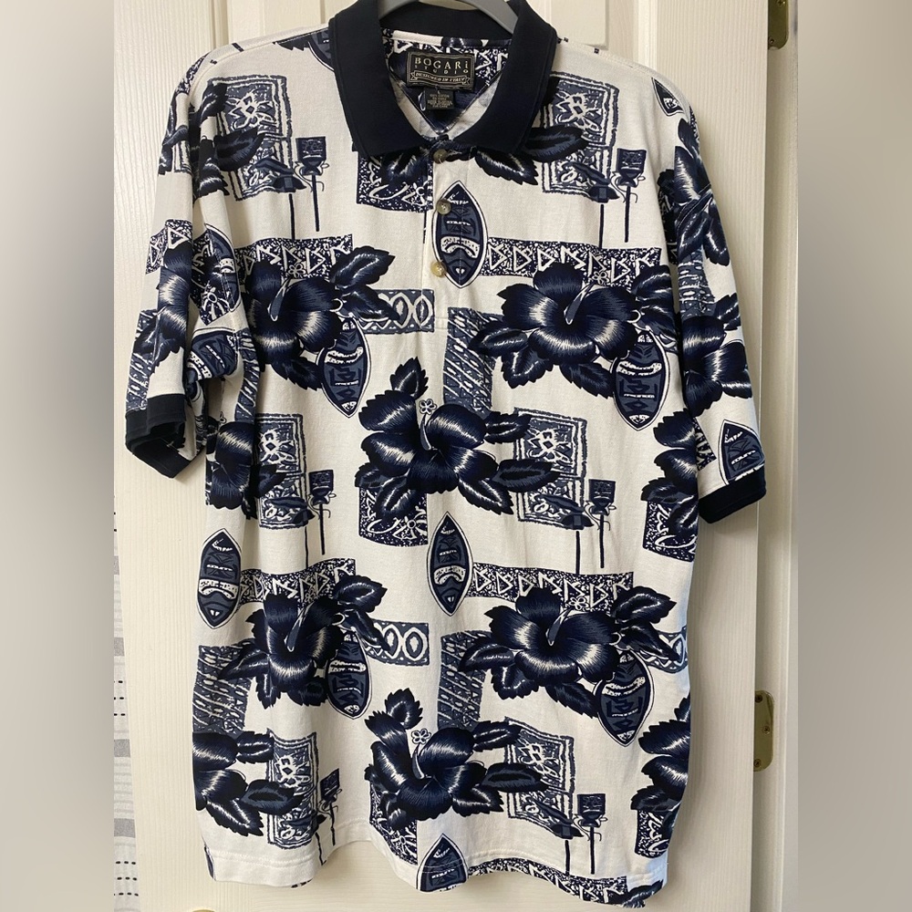 Bogari Studio Men's Hawaiian Print Short Sleeve Polo Shirt 100% Cotton Size L